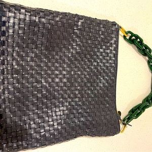 Clare V. Fold over clutch in navy and resin shortie strap in green